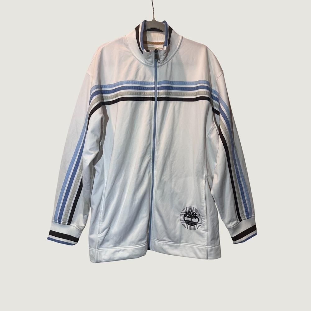 Timberland Men's SZ L White Blue Brown Zip Up Logo Track Jacket B22
